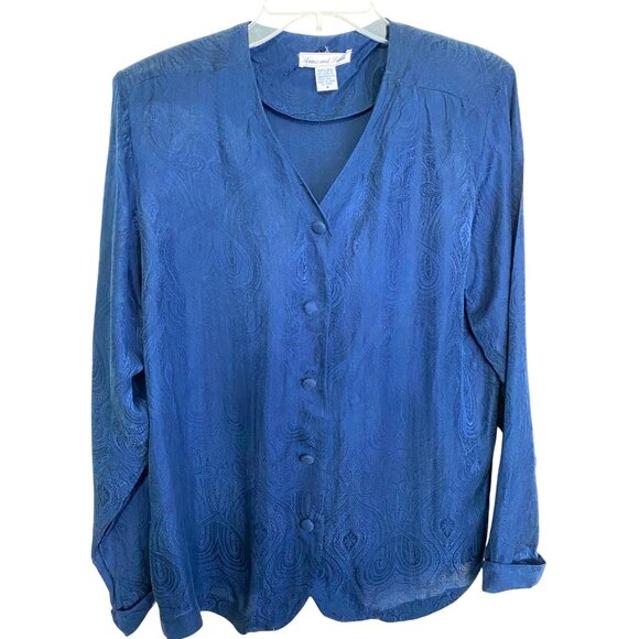 Anna & Frank Womens Vintage Paisley Textured Navy Blue Button-Up Silk Blouse M - Picture 1 of 8